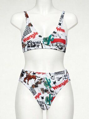 Sideshow 2 Pc Rodeo Bikini Size Small White With Graphics Cactus Horses Wrangler